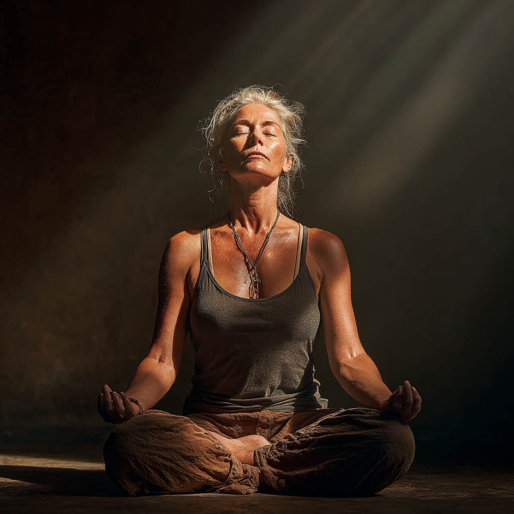 Жінка 52 років медитує в позі лотоса у тихому куточку студії з м'яким освітленням
