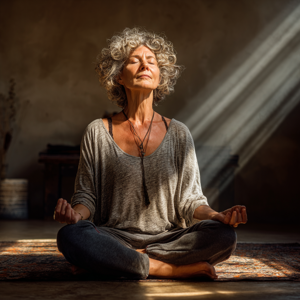 Жінка 55 років у позі лотоса, медитує у світлому залі йоги з природним освітленням