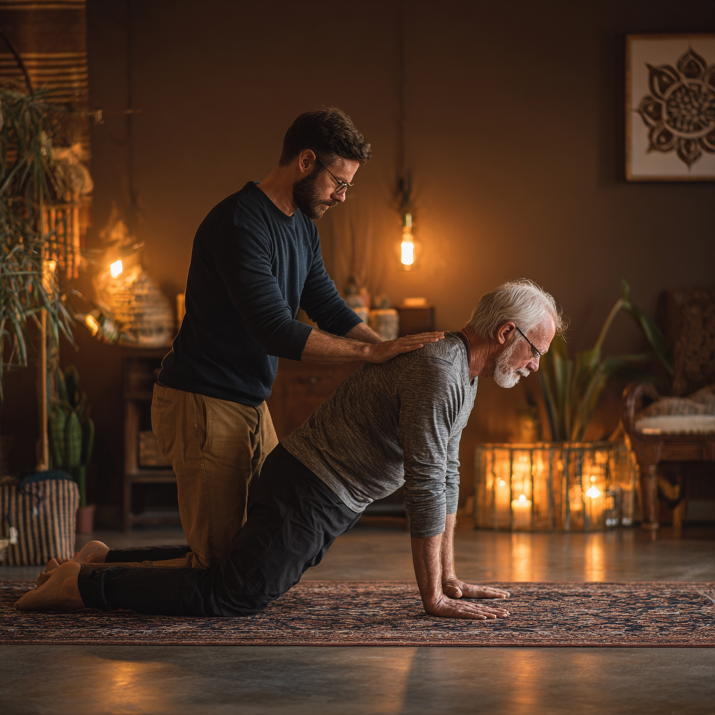 Чоловік 58 років виконує базову асану йоги під керівництвом інструктора в затишному залі