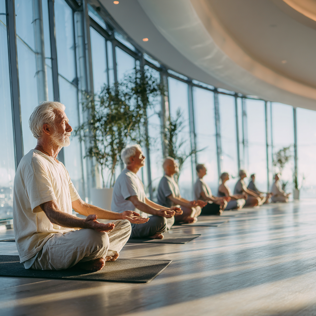 Група людей 50-60 років займається йогою в просторому залі з панорамними вікнами
